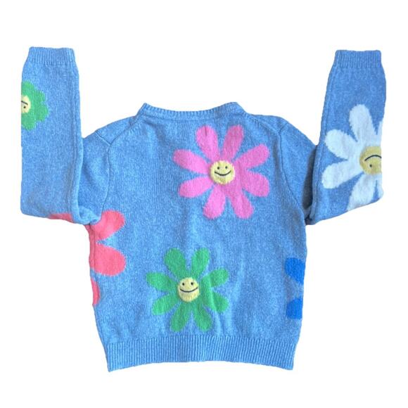 Mini Boden Happy Face Floral Sweater Cardigan Girls Size 3-4 years Blue Top - Picture 2 of 6